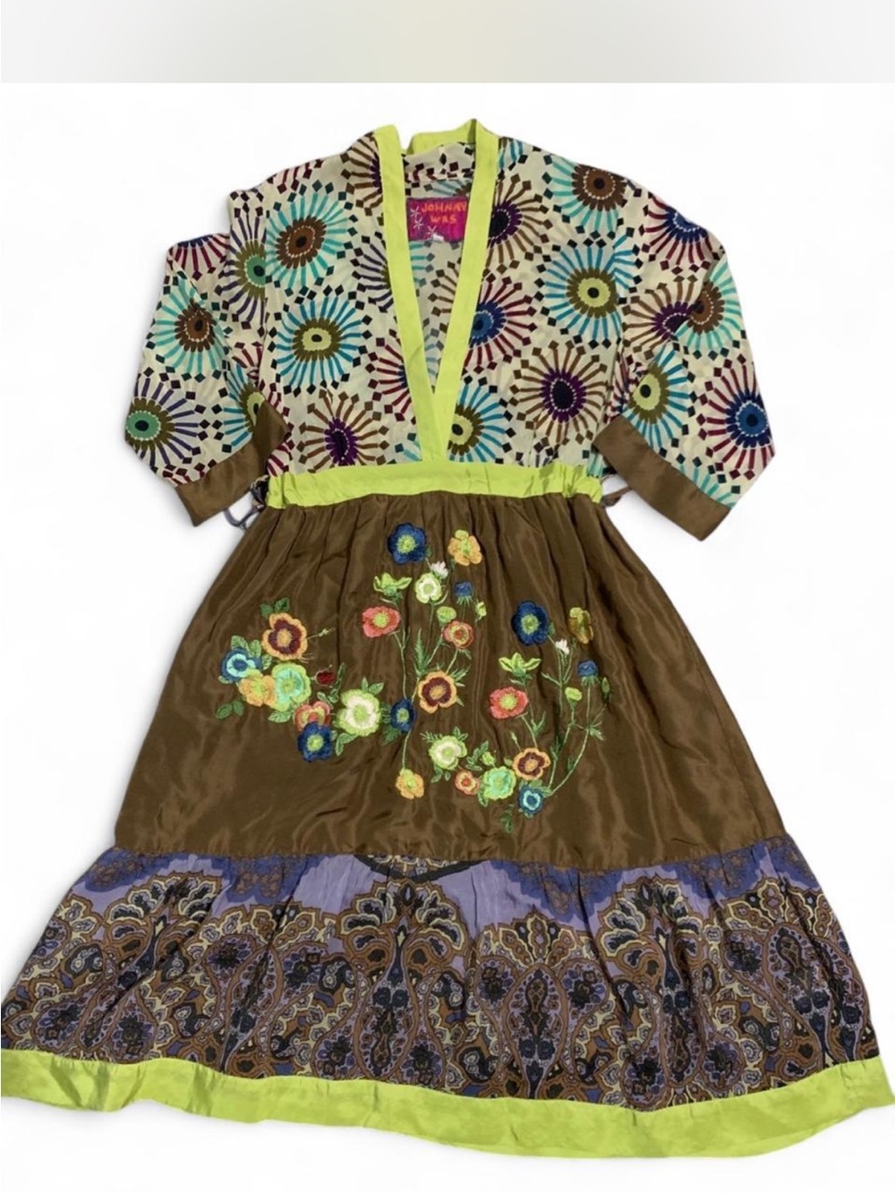 Johnny Was Mixed-Print Boho Top in Lime, Pink & Brown